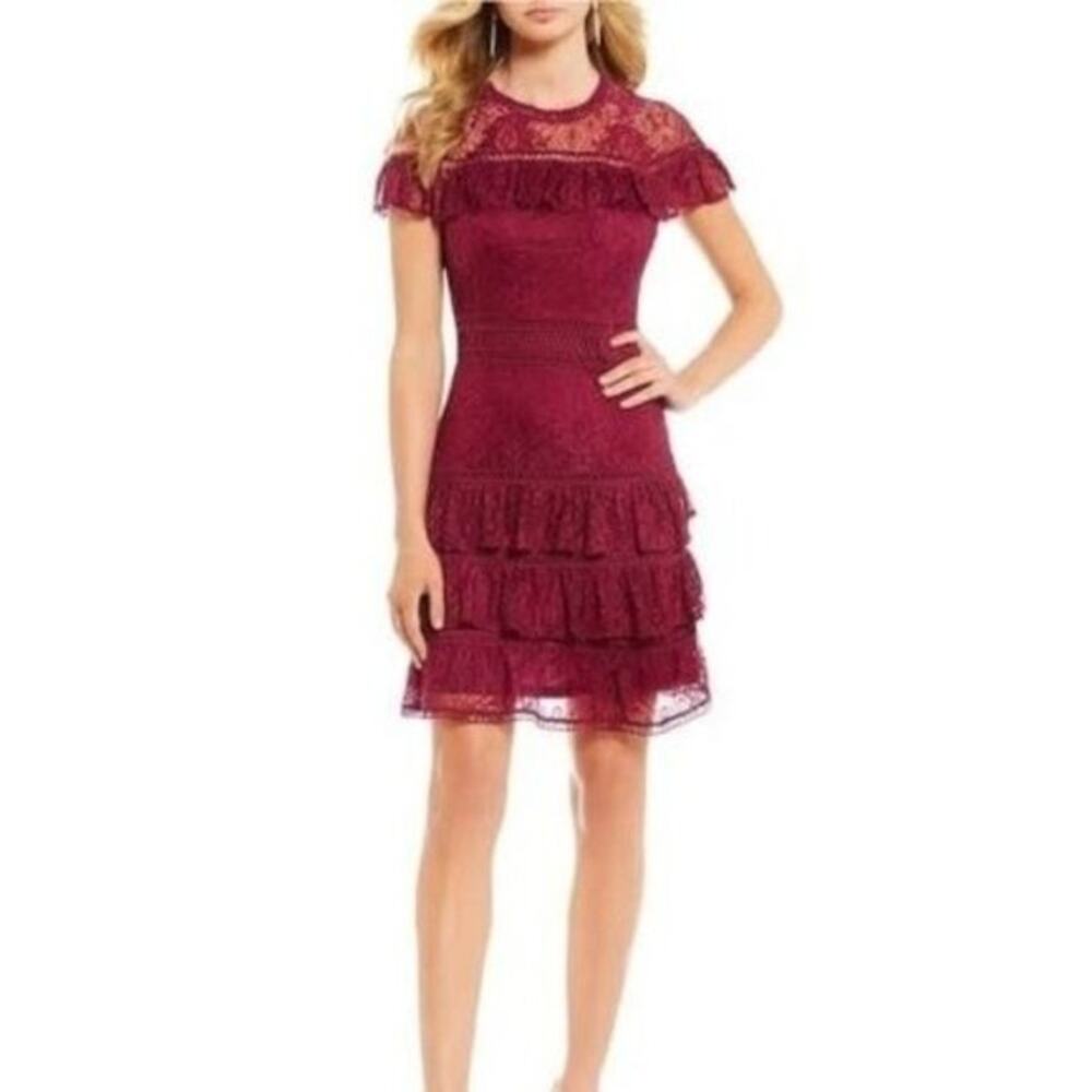 GIANNI BINI Burgundy Lace Ruffle Tier Mini Dress 0 XS Cute Party Chic Cocktail